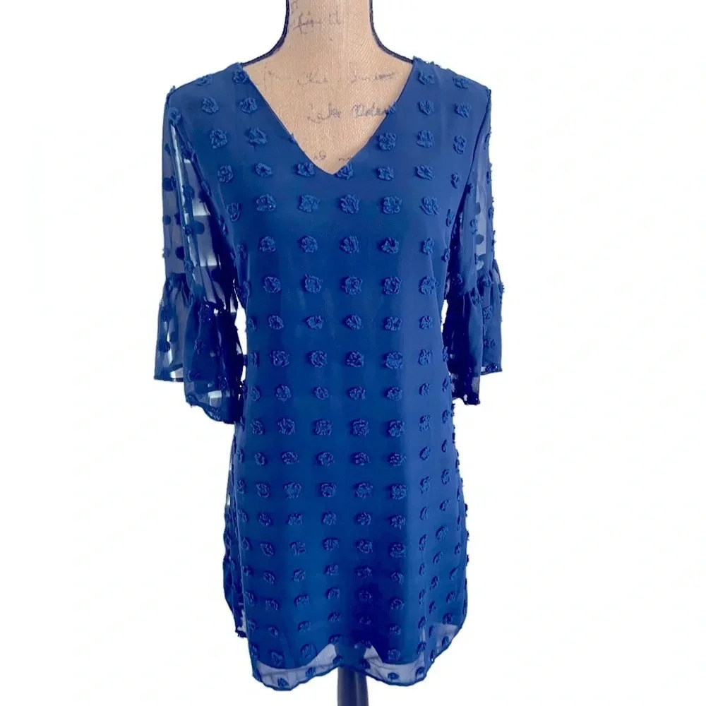 Navy Blue Textured Polka Dot Fully Lines Dress M - Picture 4 of 9